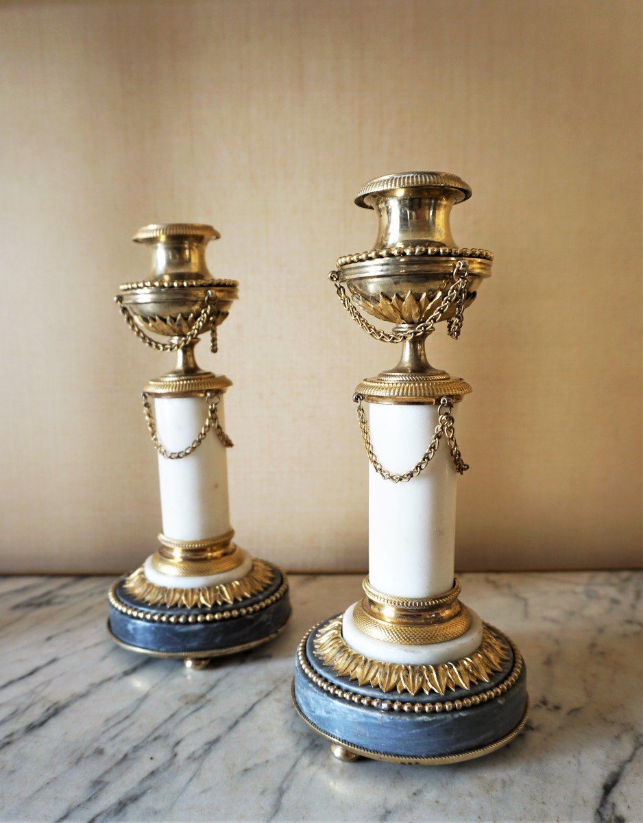 Pair Of Candlesticks In Marble And Gilt Bronze Louis XVI Period