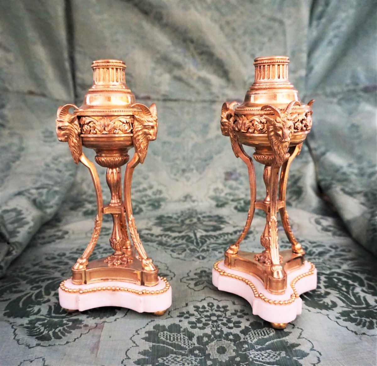 Pair Of Cassolettes In Gilt Bronze And White Marble Louis XVI Period-photo-3