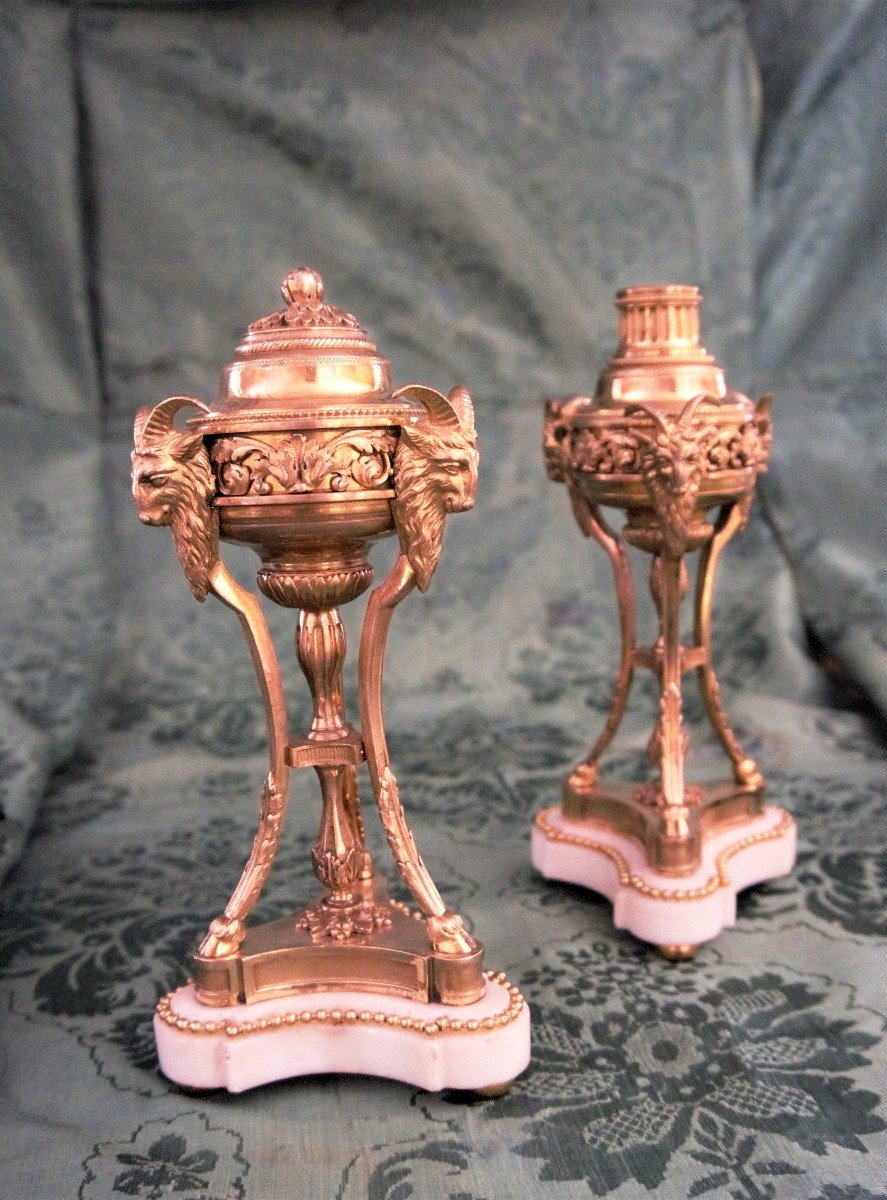 Pair Of Cassolettes In Gilt Bronze And White Marble Louis XVI Period-photo-5