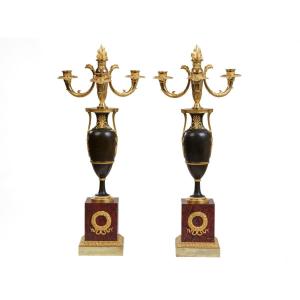 Pair Of Candelabra In Patinated And Gilded Bronze, Empire Period