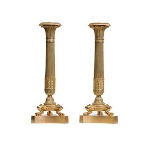 Pair Of Gilt Bronze Candlesticks, Restoration Period