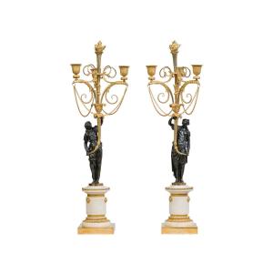 Paire de candélabres en bronze patiné et doré   Epoque Louis XVI