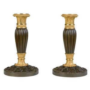 Pair Of Patinated And Gilded Bronze Candlesticks Restoration Period