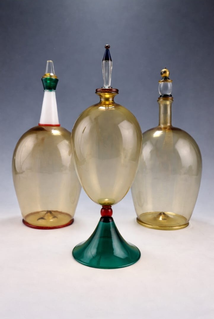 Ohira Yoichi 3 bouteilles en verre soufflé de murano datées 1988