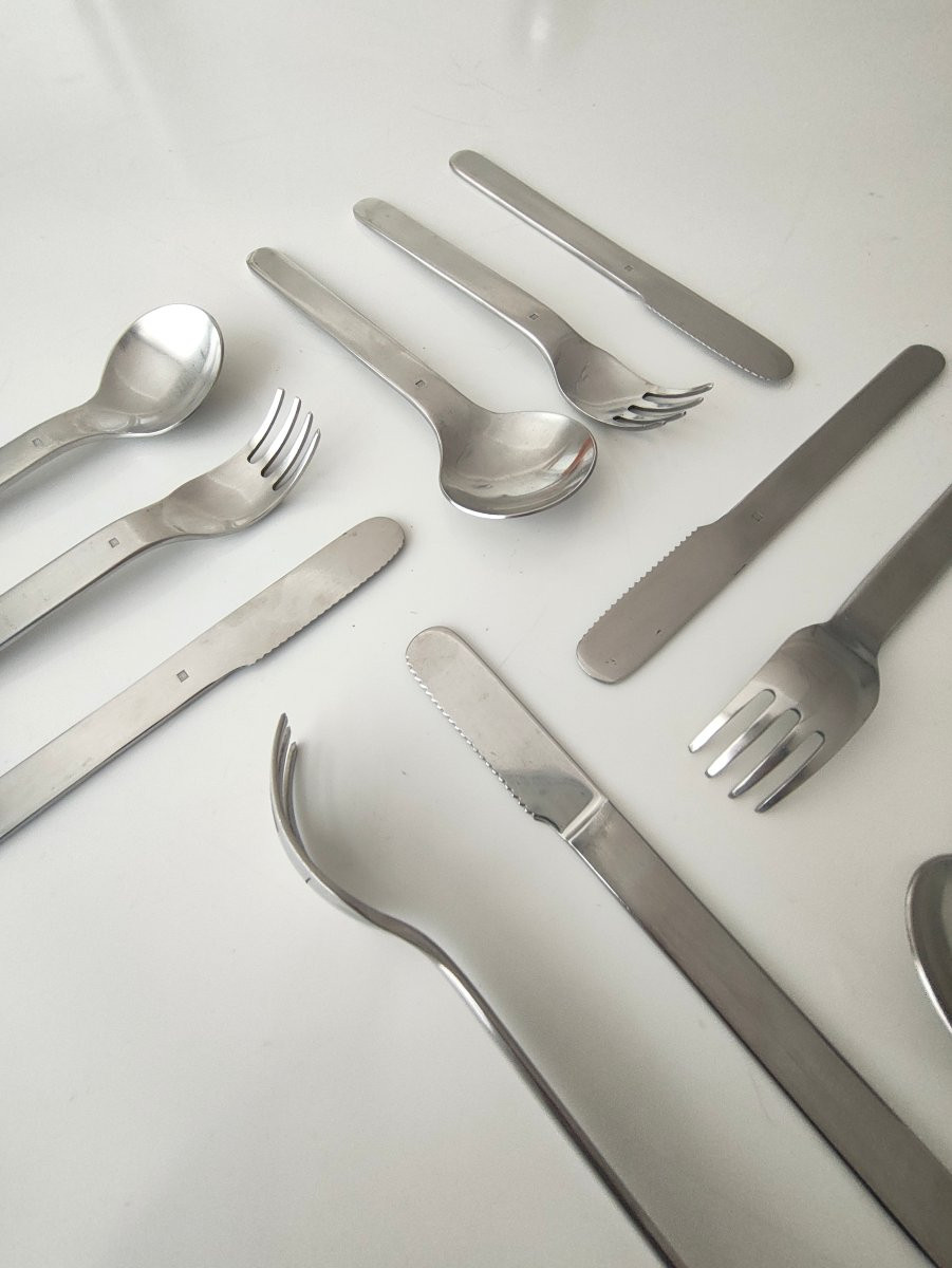 Roger Tallon Et Ravinet Denfert Ménagère 3t From 1967 - Brushed Steel 35 Pieces-photo-3