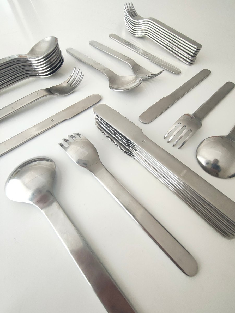 Roger Tallon Et Ravinet Denfert Ménagère 3t From 1967 - Brushed Steel 35 Pieces-photo-1