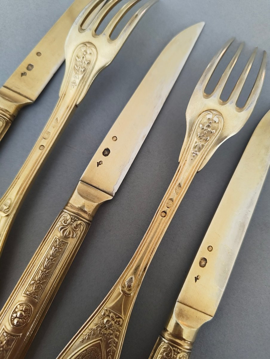 24 Pieces 1 Er Coq Silver Vermeil Flatware - End Of 18th Century-photo-3
