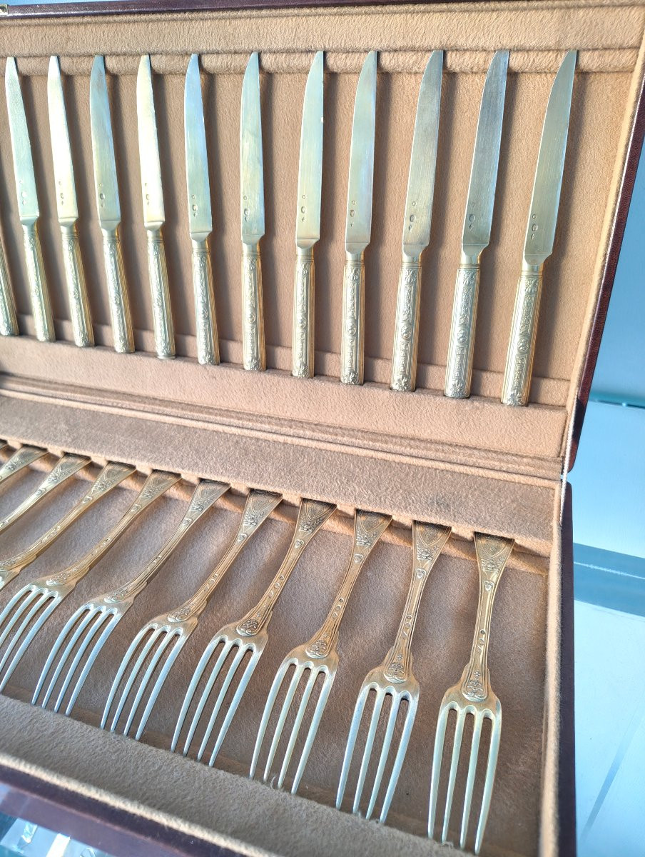 24 Pieces 1 Er Coq Silver Vermeil Flatware - End Of 18th Century-photo-1