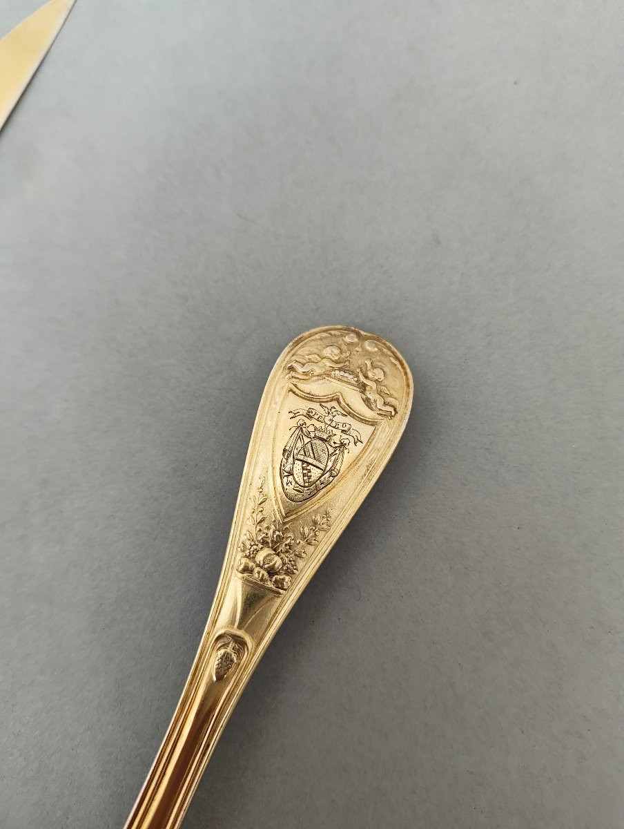 24 Pieces 1 Er Coq Silver Vermeil Flatware - End Of 18th Century-photo-5