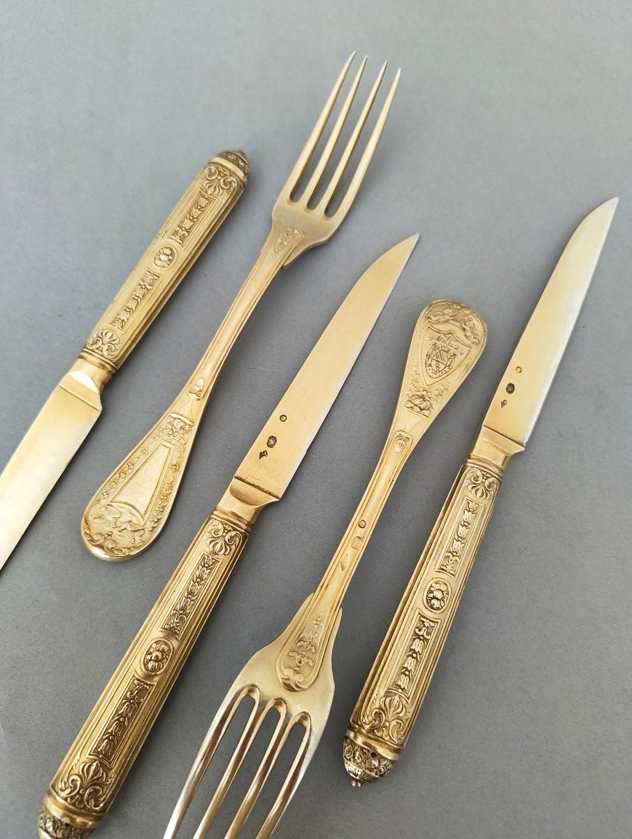 24 Pieces 1 Er Coq Silver Vermeil Flatware - End Of 18th Century-photo-6