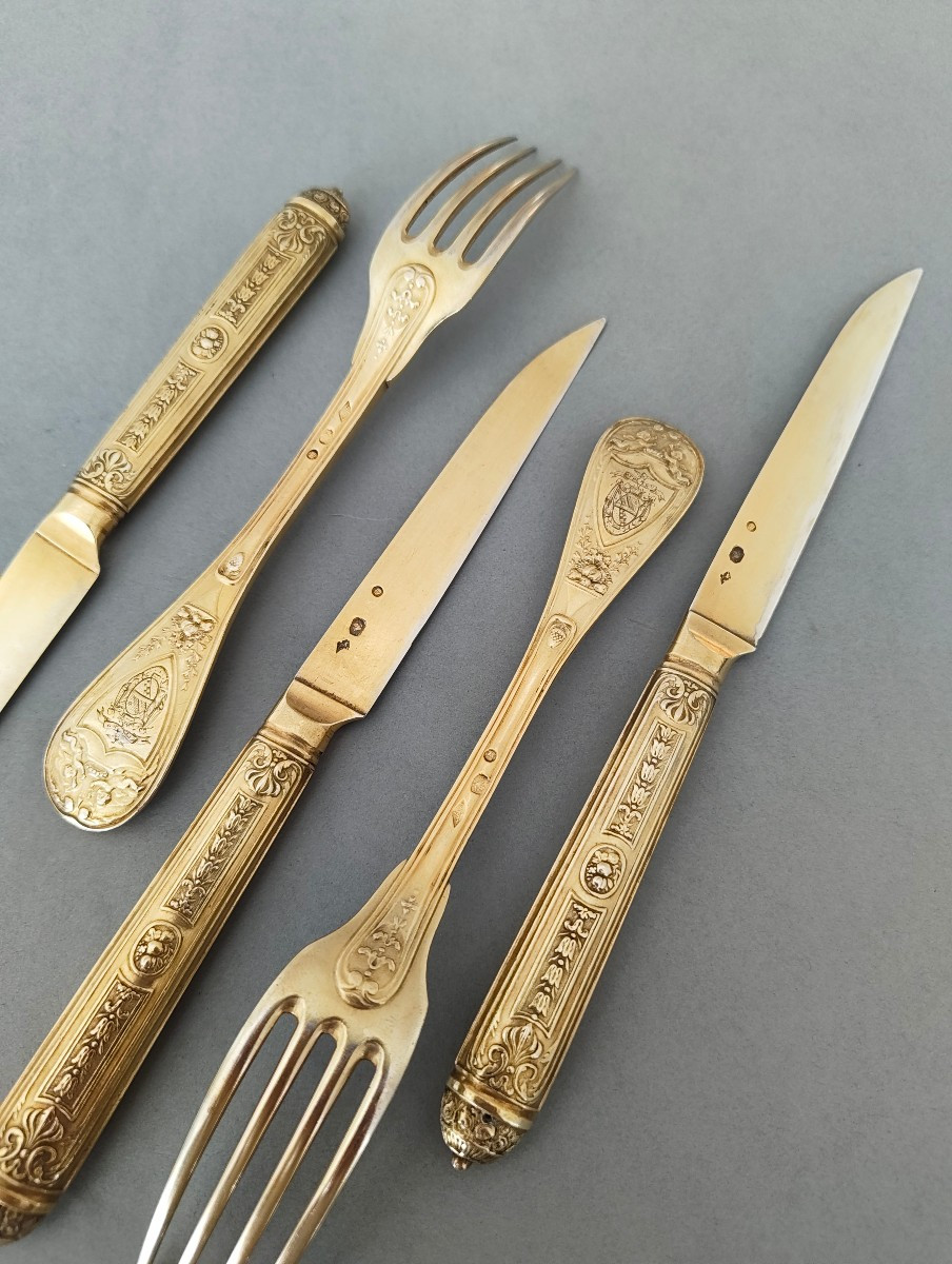 24 Pieces 1 Er Coq Silver Vermeil Flatware - End Of 18th Century