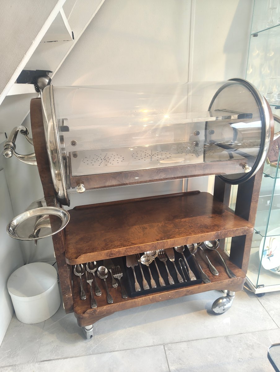 Chariot a patisserie ou a fromage en metal argenté et bois 