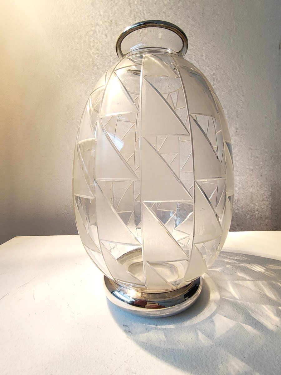 1930s Art Deco Vase, Made Of Glass And Solid Silver, With A Minerva Hallmark 