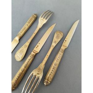 24 Pieces 1 Er Coq Silver Vermeil Flatware - End Of 18th Century