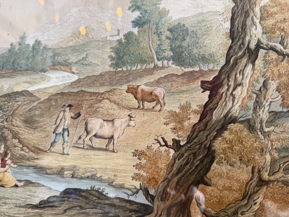 Gouache, scène de bergers et sa campagne, XVIIIème siècle -photo-2