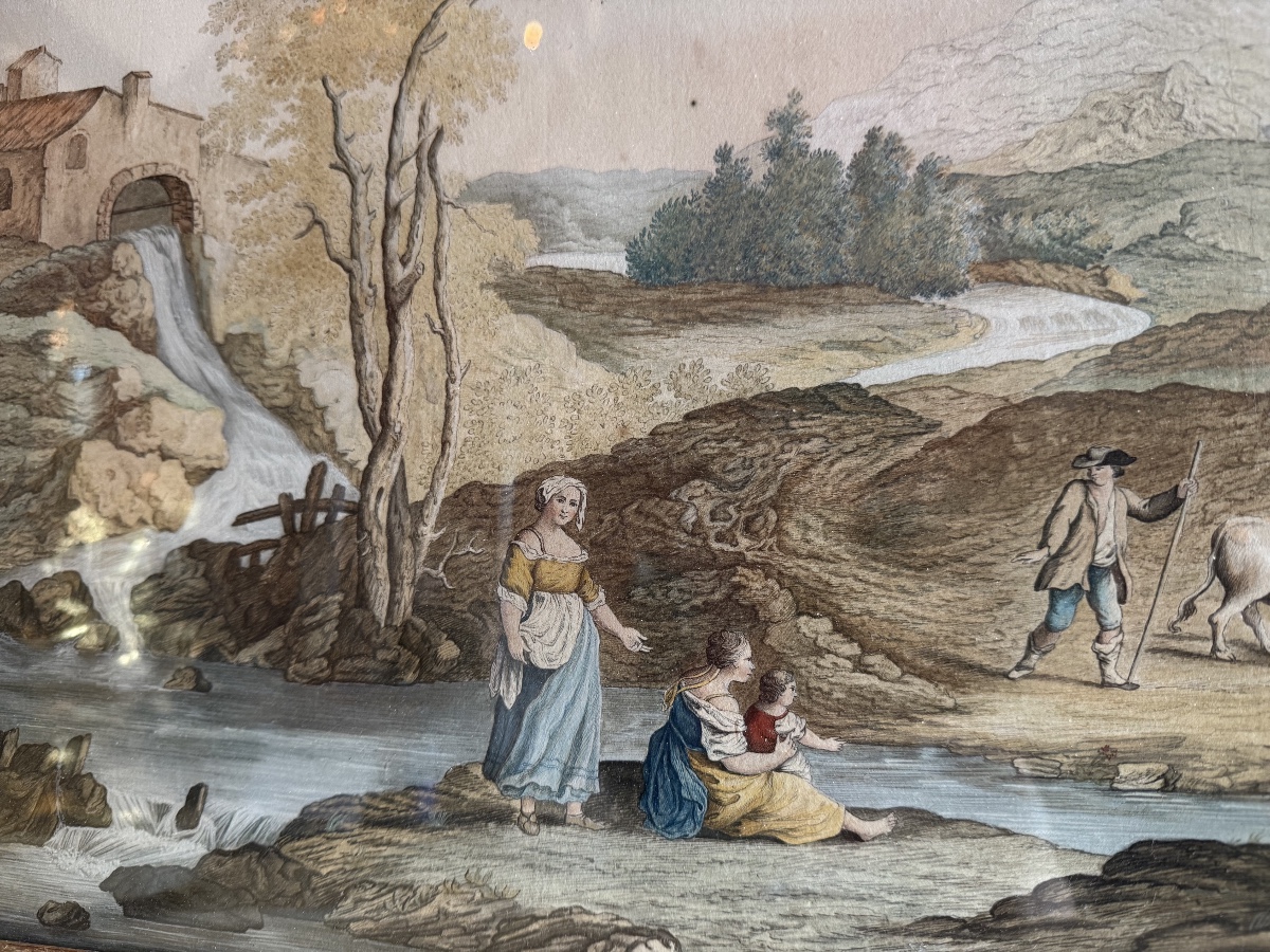 Gouache, scène de bergers et sa campagne, XVIIIème siècle -photo-3