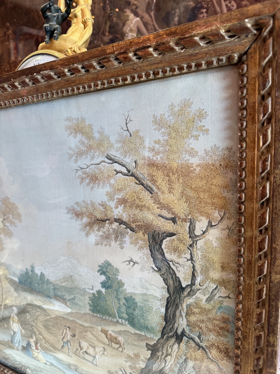 Gouache, scène de bergers et sa campagne, XVIIIème siècle -photo-4