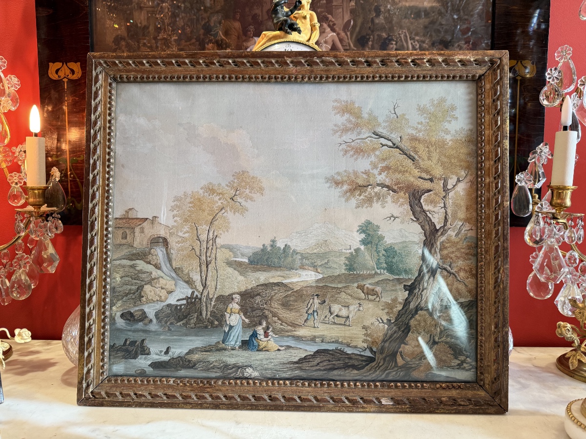 Gouache, scène de bergers et sa campagne, XVIIIème siècle 