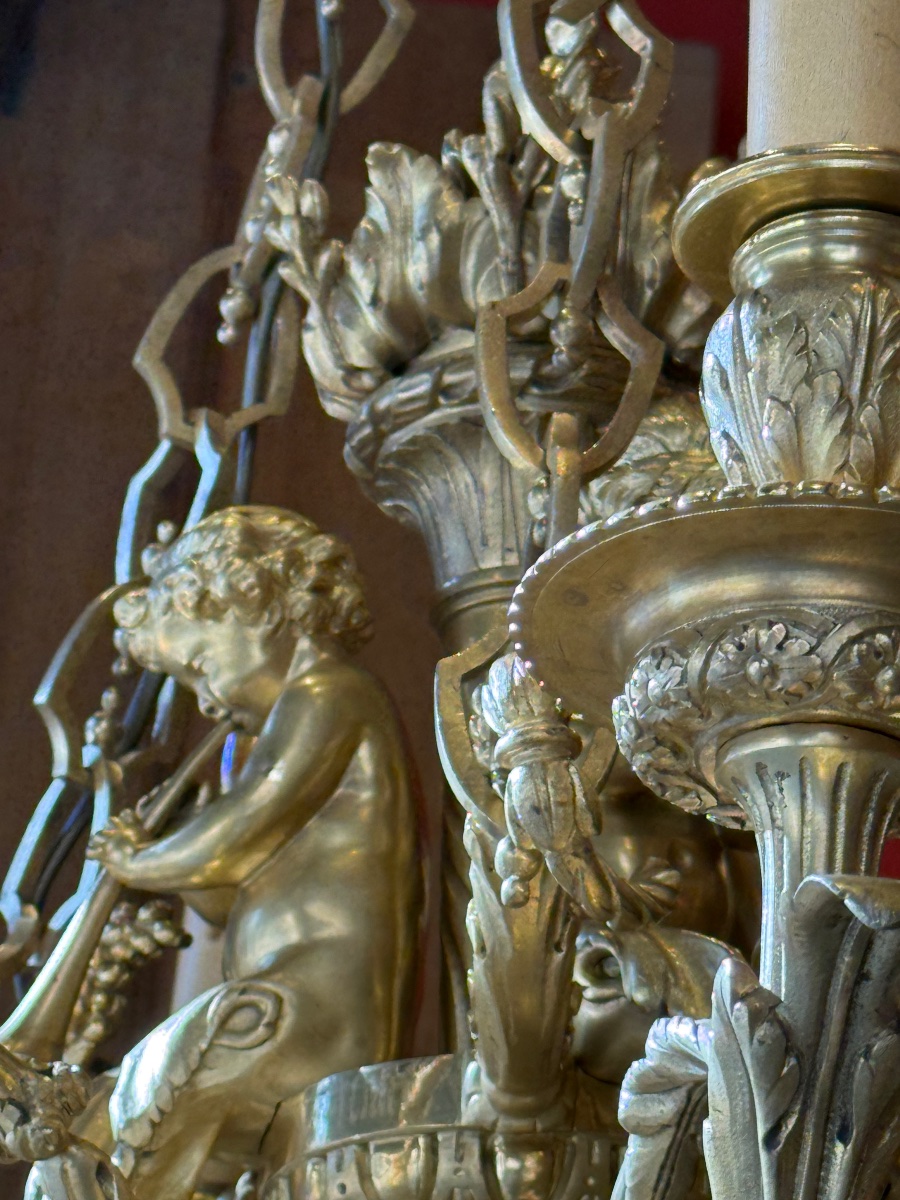 E. Mottheau Chandelier With Child Musicians, Bronze, 19th Century -photo-4