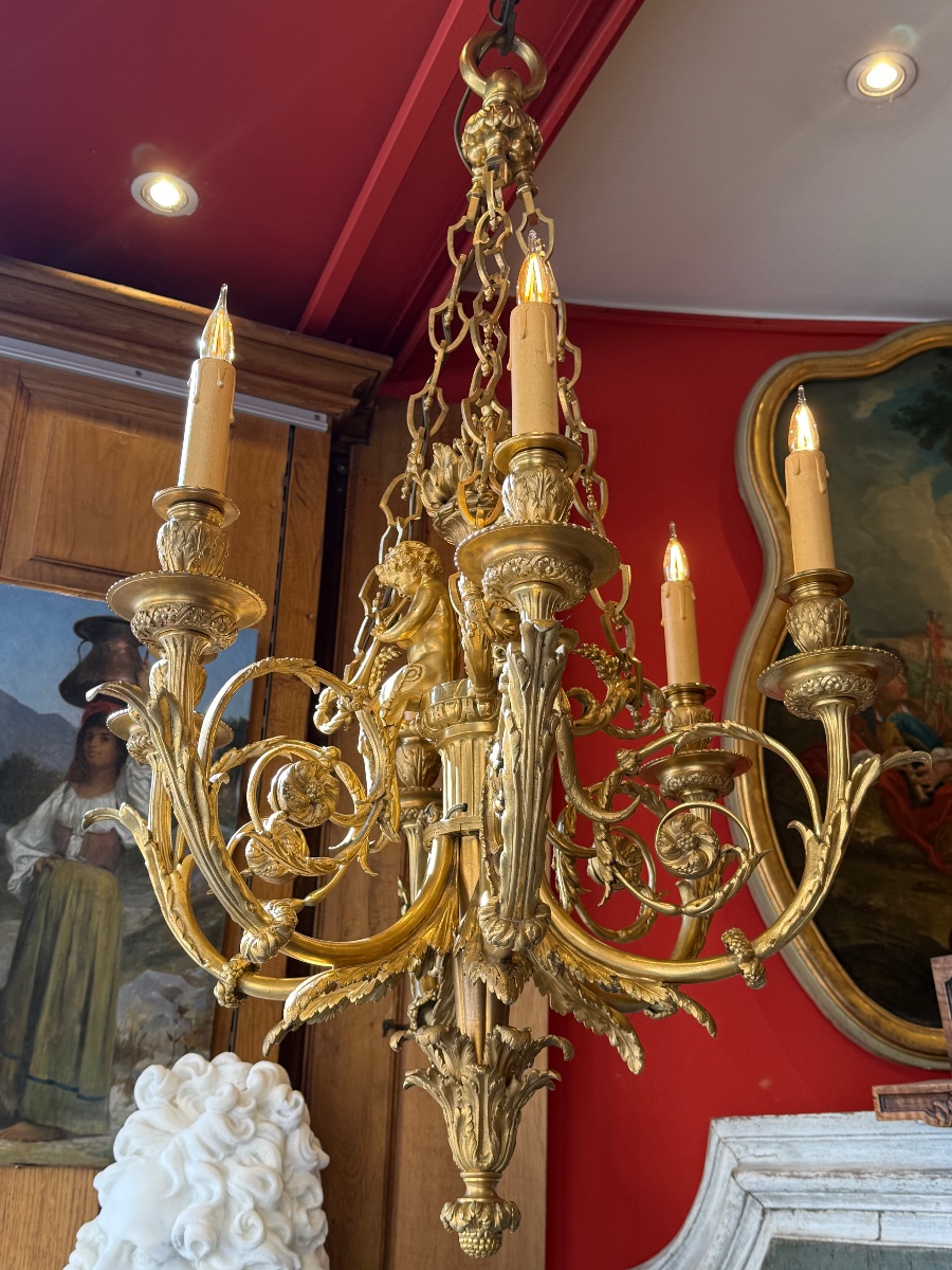 E. Mottheau Chandelier With Child Musicians, Bronze, 19th Century 