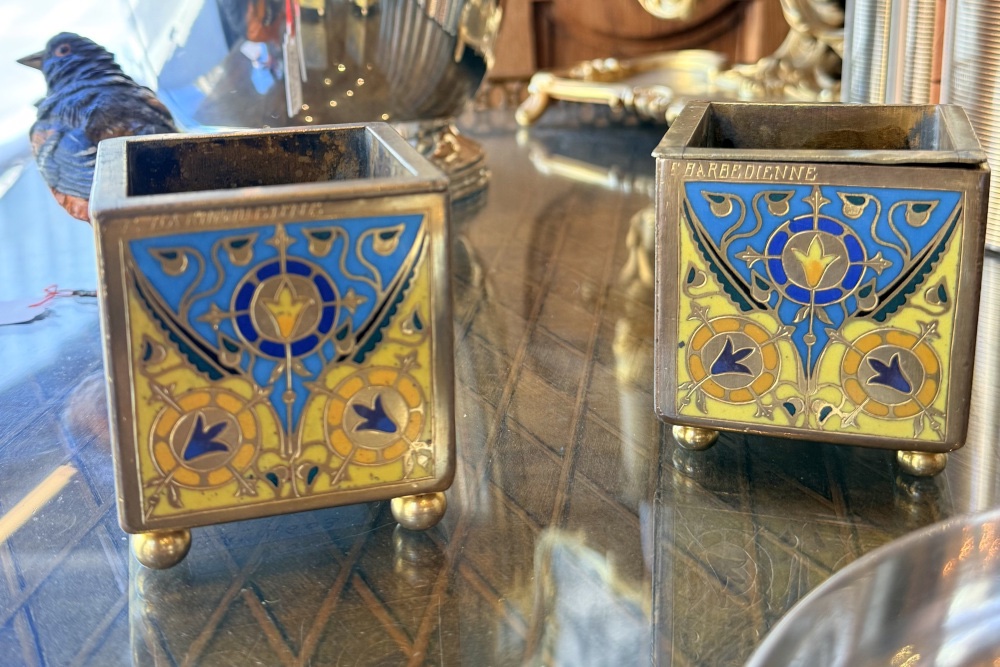 Ferdinand Barbedienne, Polychrome Enameled Bronze Table Planters, 19th Century