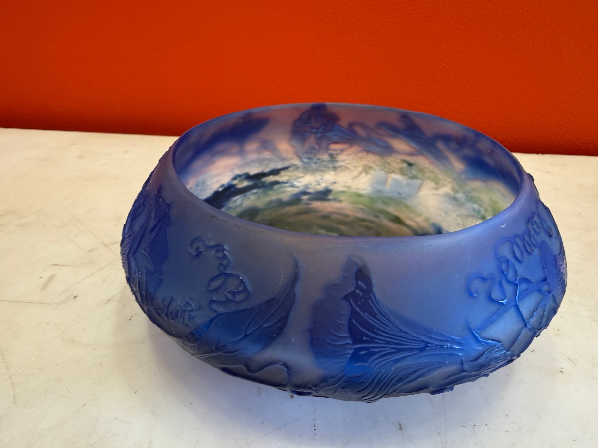 Gallé Cup, Made Of Overlay Glass, Blue, 20th Century 