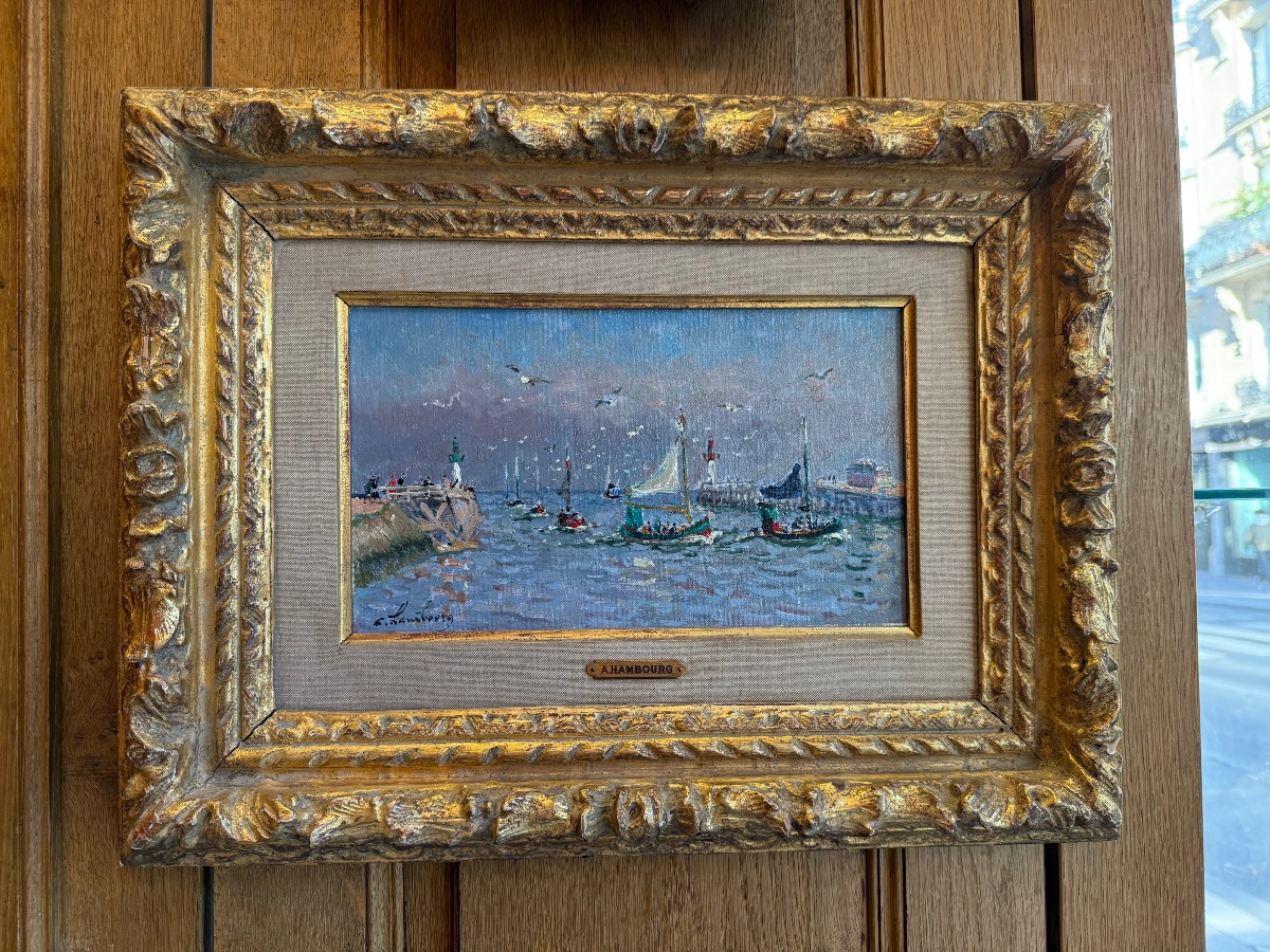 André Hambourg, A marée haute les bateaux entrent au port,  Deauville, XXème 