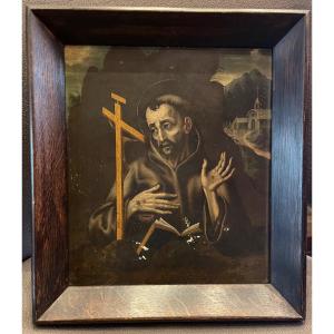 Painting Saint Francis Of Assisi Oil On Wood 18th Century