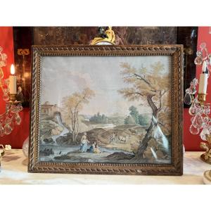 Gouache, scène de bergers et sa campagne, XVIIIème siècle 