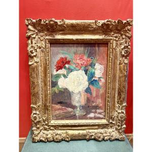 Huile sur isorel, bouquet de fleurs, Edgard Maxence, XXème 