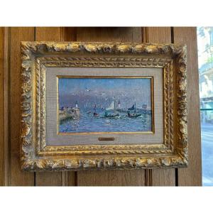 André Hambourg, A marée haute les bateaux entrent au port, Deauville, XXème