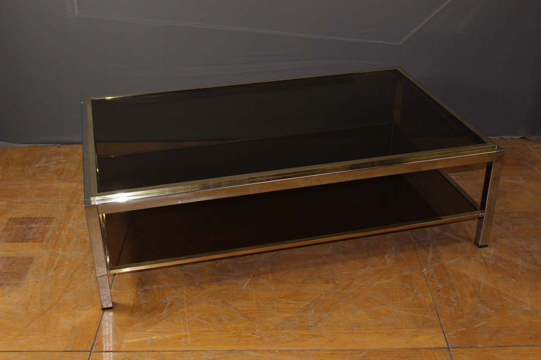 Grande Table Basse En Chrome Et Métal Doré Entourage De Willy Rizzo Vers 1970-photo-8