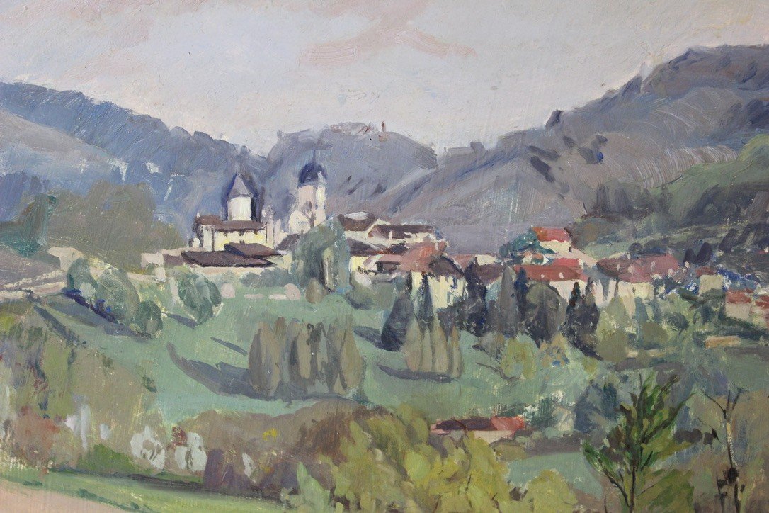 Huile Sur Panneau Vue De Treffort  Village De l'Ain Par Jeanne Proust-photo-5