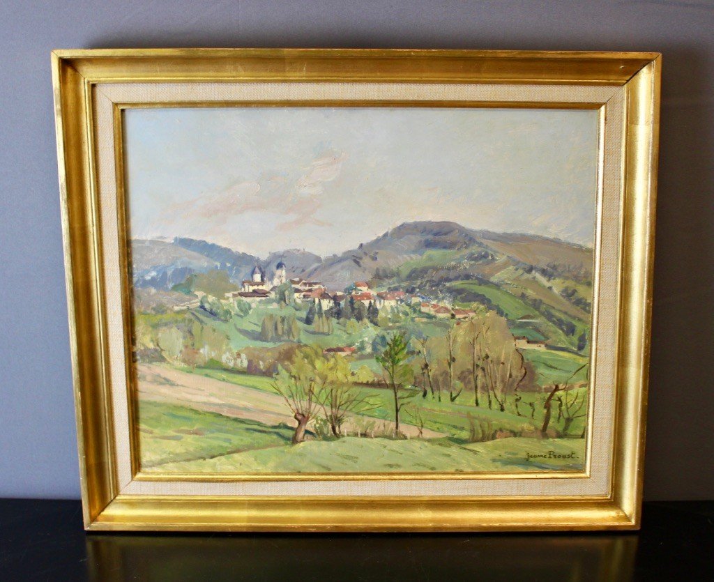 Huile Sur Panneau Vue De Treffort  Village De l'Ain Par Jeanne Proust