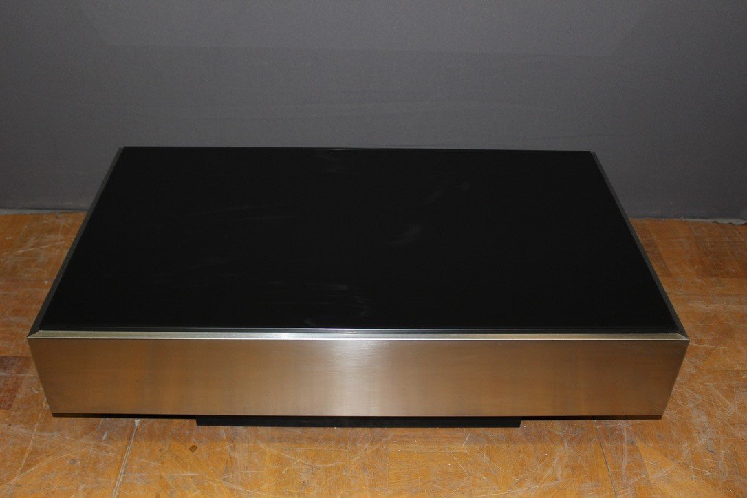 Coffee Table In Stainless Steel And Black Glass Slab Around 1970-photo-2