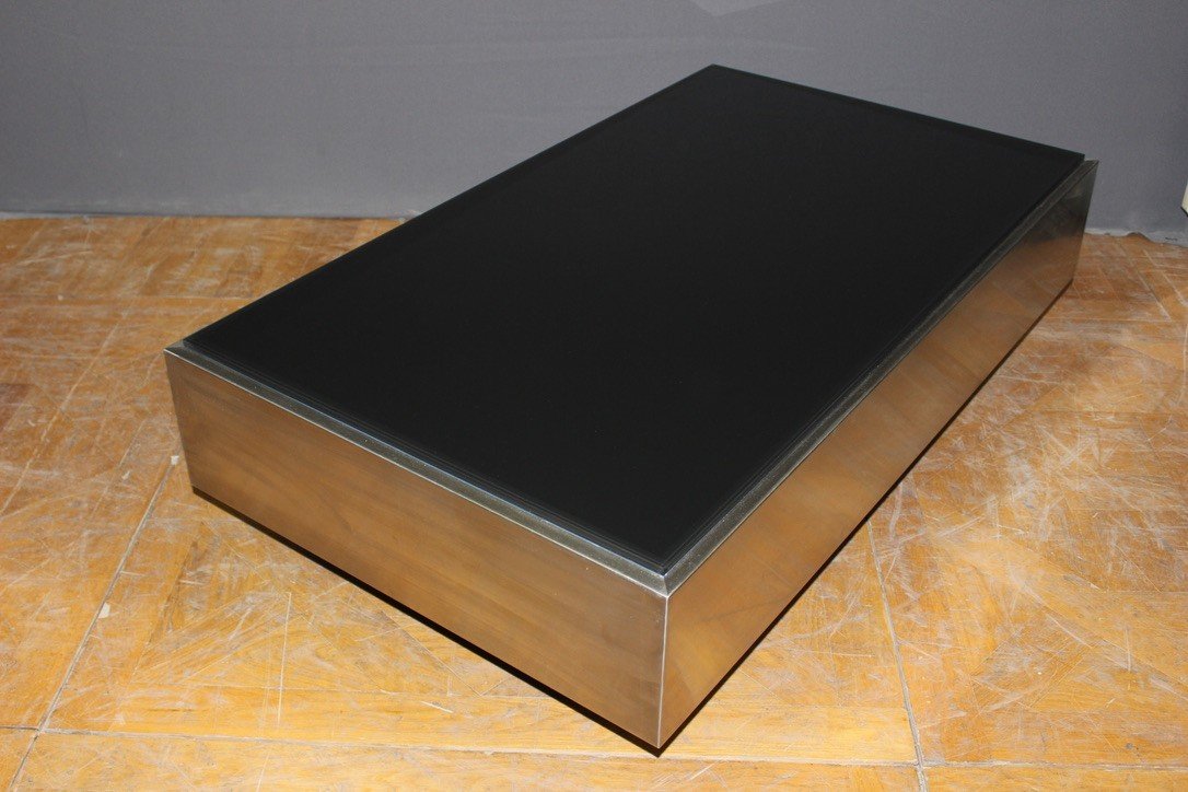 Coffee Table In Stainless Steel And Black Glass Slab Around 1970-photo-6