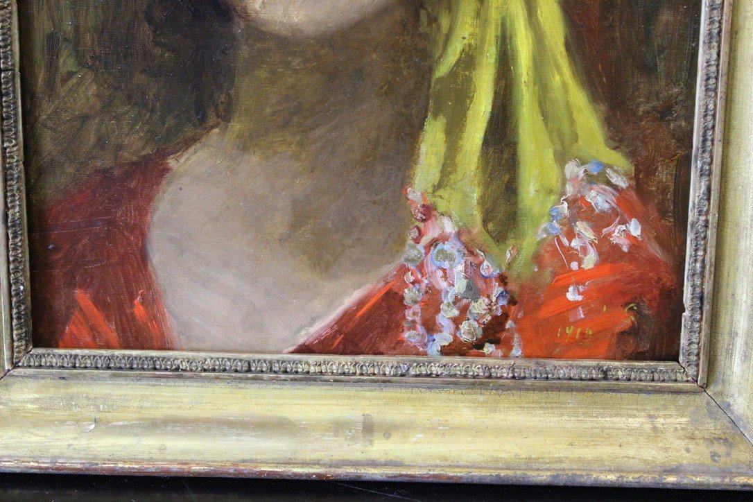 Huile Sur Carton Gitane Au Foulard Jaune Début XX-photo-3