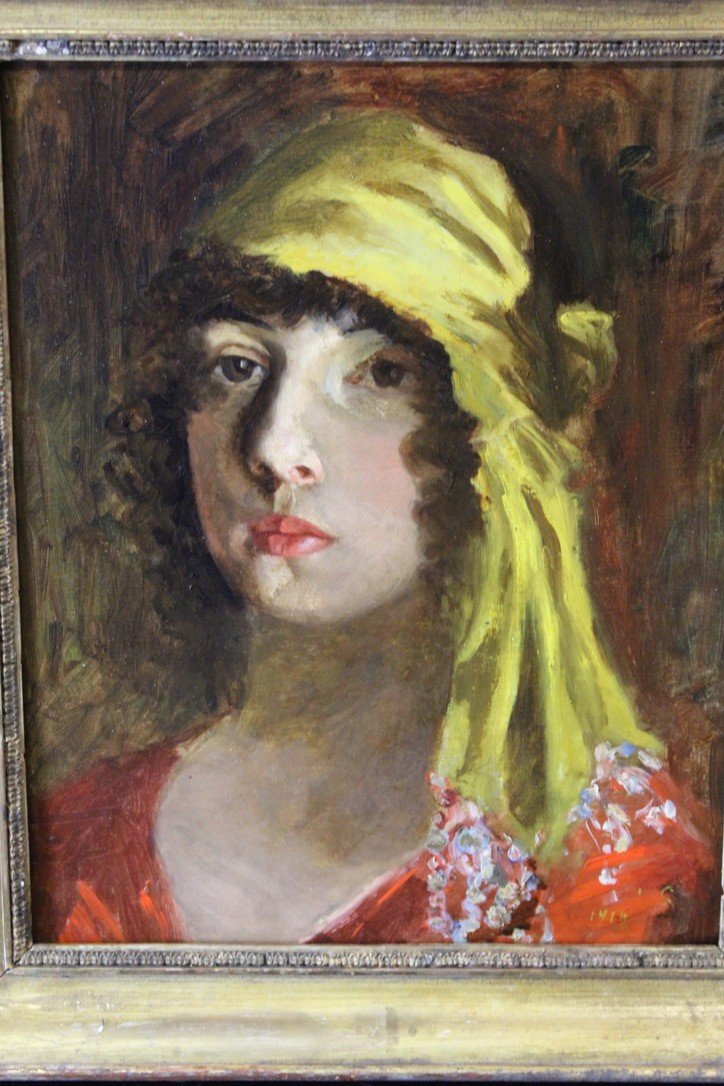 Huile Sur Carton Gitane Au Foulard Jaune Début XX-photo-4