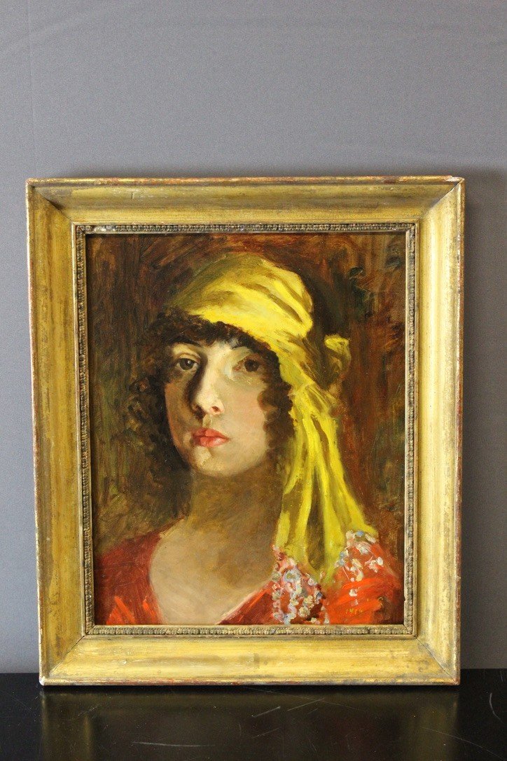 Huile Sur Carton Gitane Au Foulard Jaune Début XX-photo-5