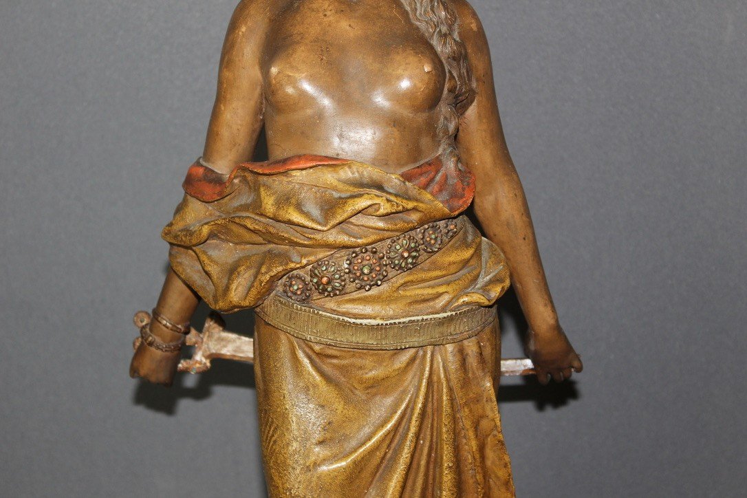 Terre cuite polychrome titrée "Judith " par Goldscheider vers 1900-photo-4