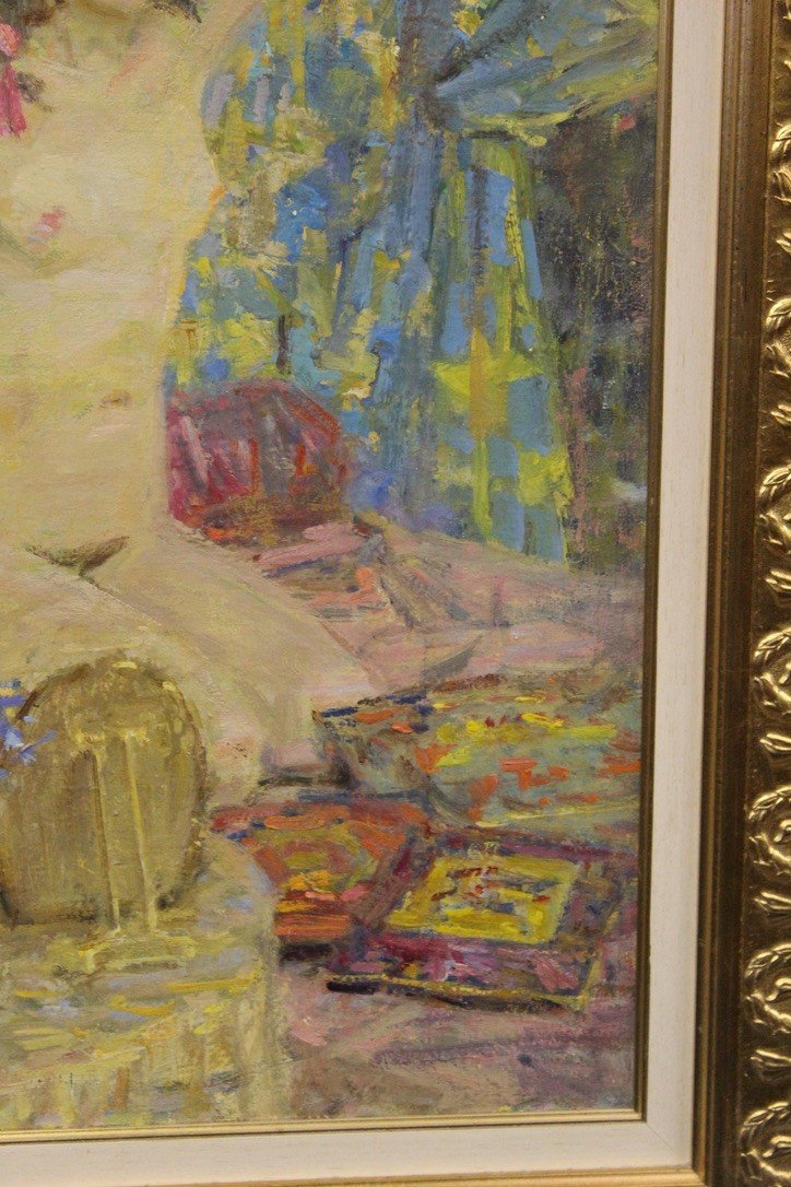 Oil On Canvas Young Woman With Pink Bow By Riasnianski-photo-6