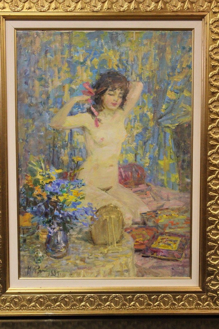Oil On Canvas Young Woman With Pink Bow By Riasnianski-photo-8