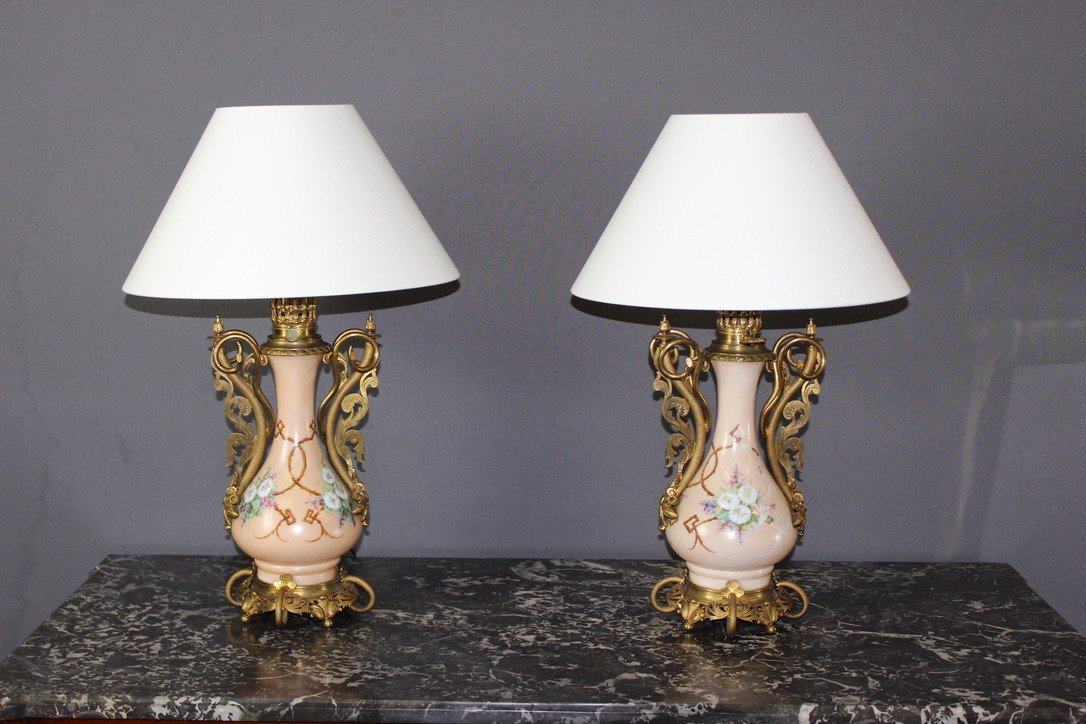 Pair Of Napoleon III Lamps In Opaline And Gilt Bronze