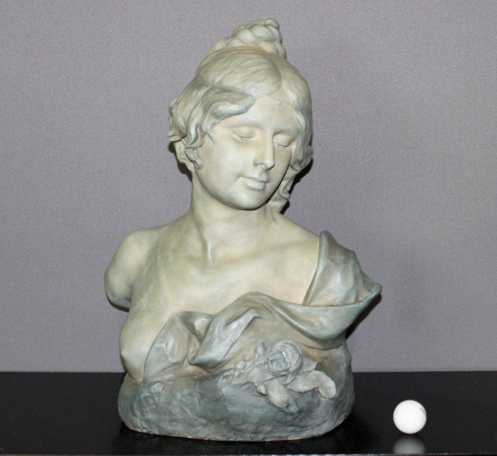 Bust Of Young Woman In Ceramic With Blue Green Patina Signed Bernstamm Edition Emile Muller-photo-2