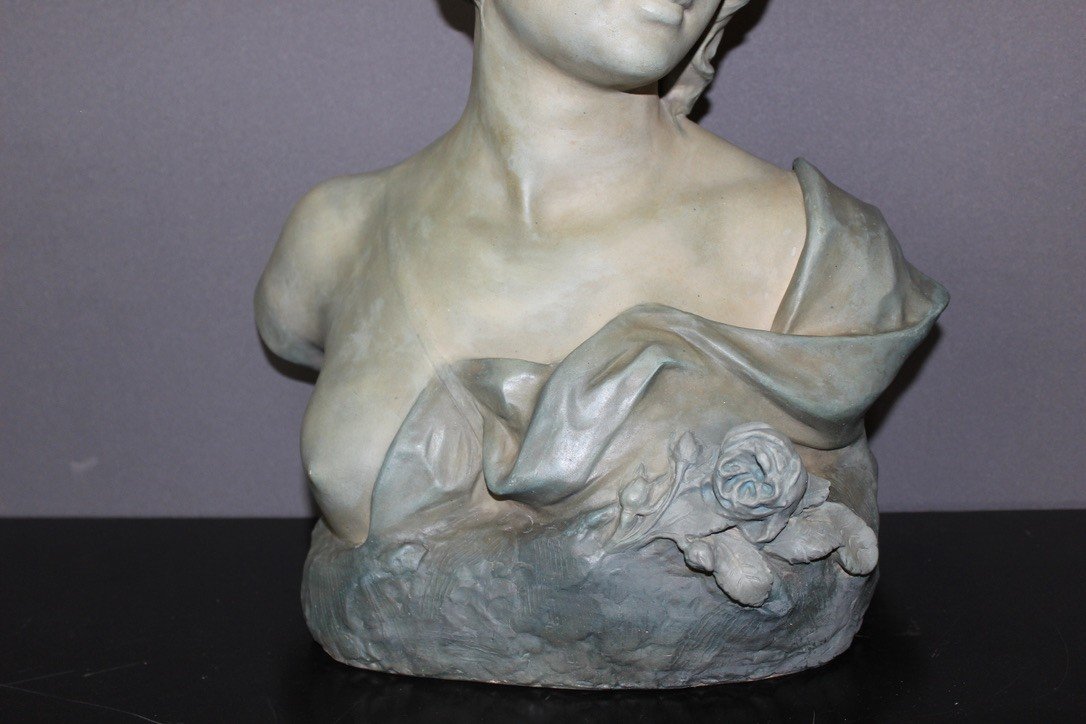Bust Of Young Woman In Ceramic With Blue Green Patina Signed Bernstamm Edition Emile Muller-photo-3