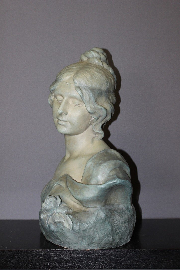Bust Of Young Woman In Ceramic With Blue Green Patina Signed Bernstamm Edition Emile Muller-photo-4