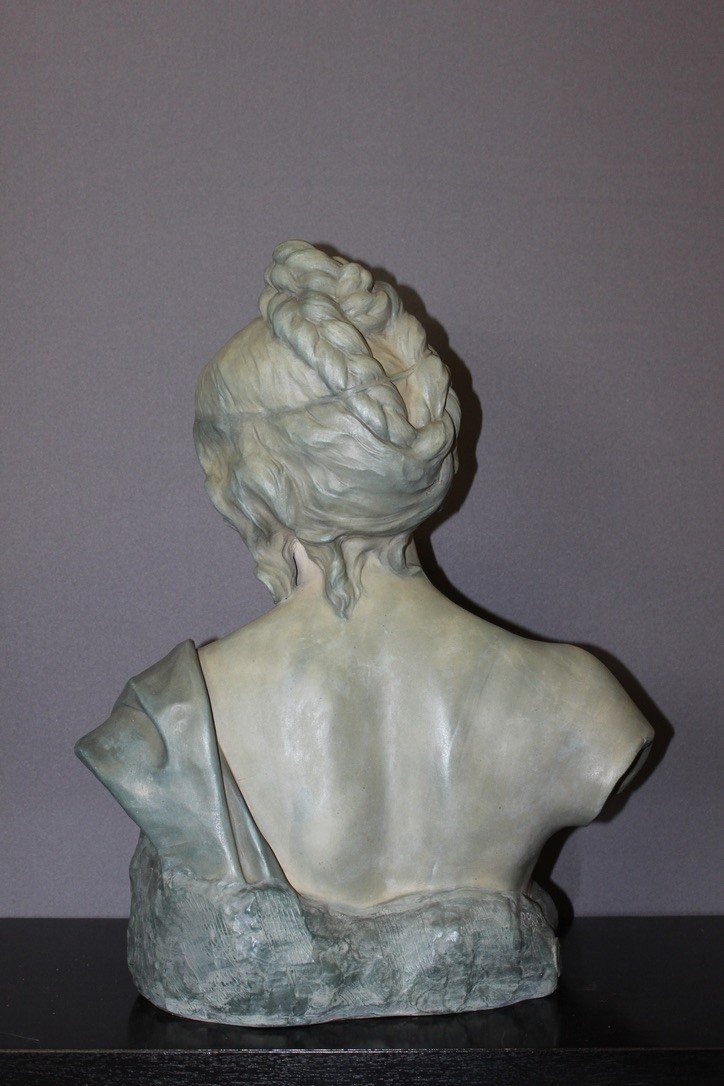 Bust Of Young Woman In Ceramic With Blue Green Patina Signed Bernstamm Edition Emile Muller-photo-5
