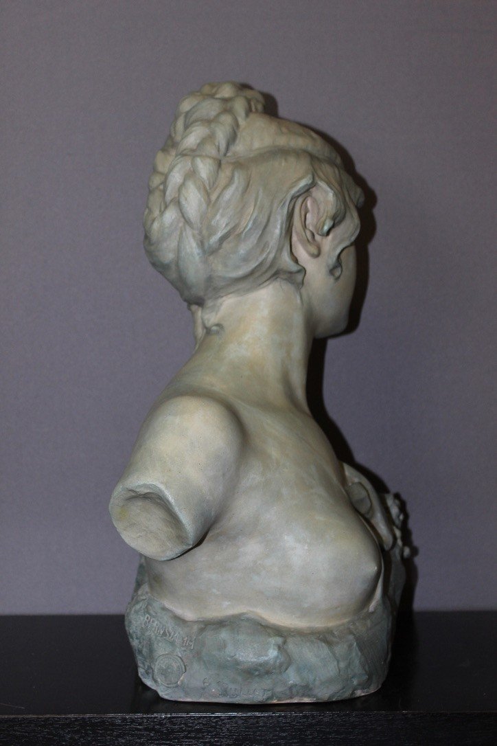 Bust Of Young Woman In Ceramic With Blue Green Patina Signed Bernstamm Edition Emile Muller-photo-6
