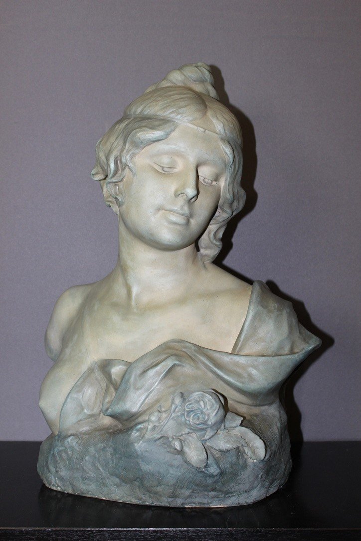 Bust Of Young Woman In Ceramic With Blue Green Patina Signed Bernstamm Edition Emile Muller