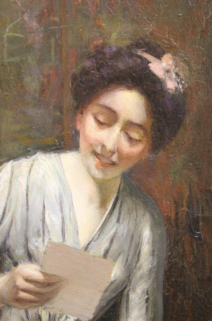 Oil On Canvas Woman With The Letter By Alfred Martin Dated 1904-photo-1